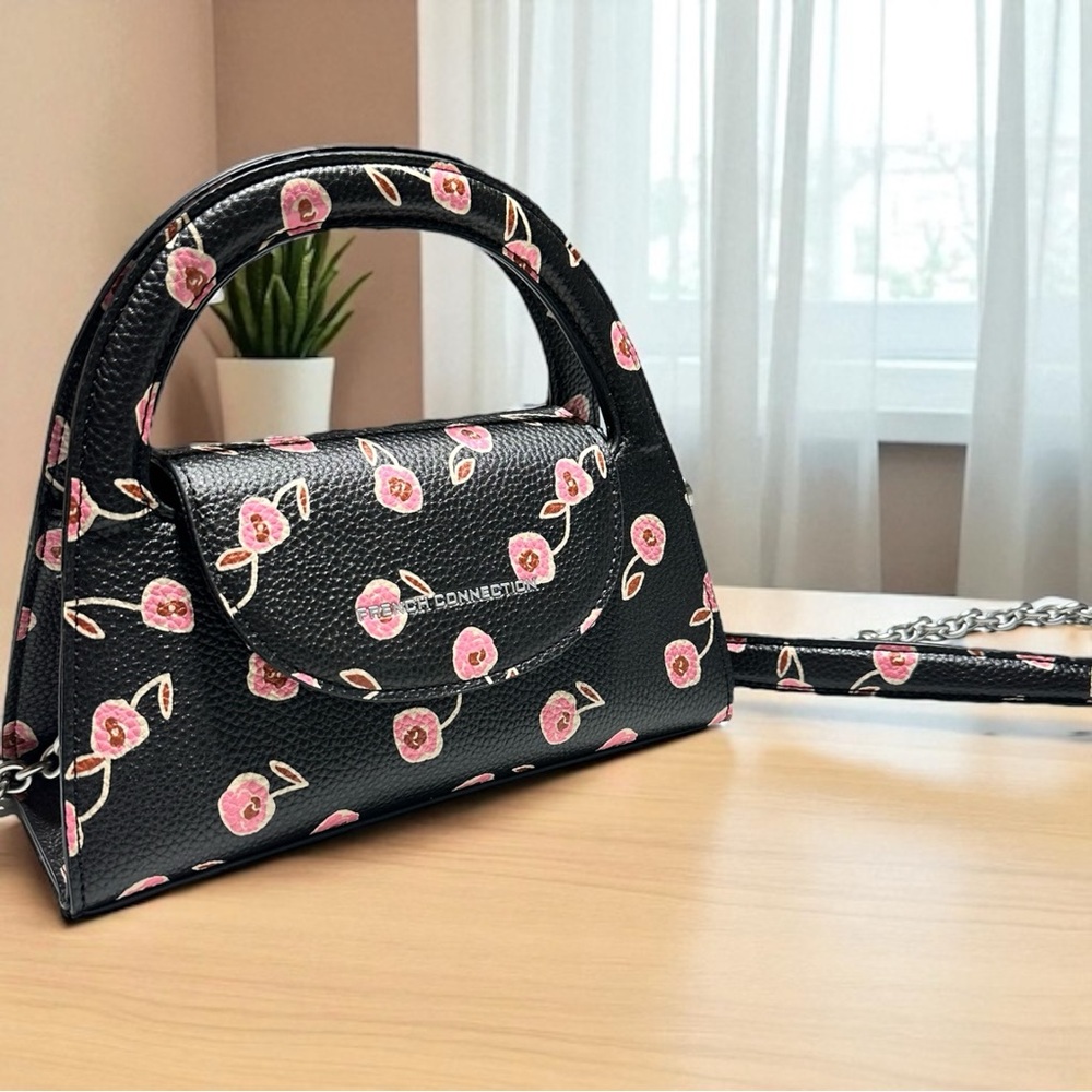 French Connection Black Pink Floral Crossbody Hand Bag Purse
